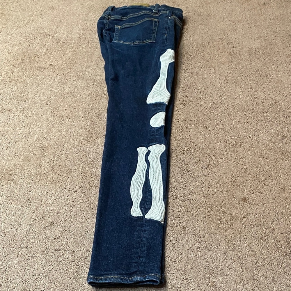 MNML Blue Denim with White Bone Embroidery Skinny Jeans